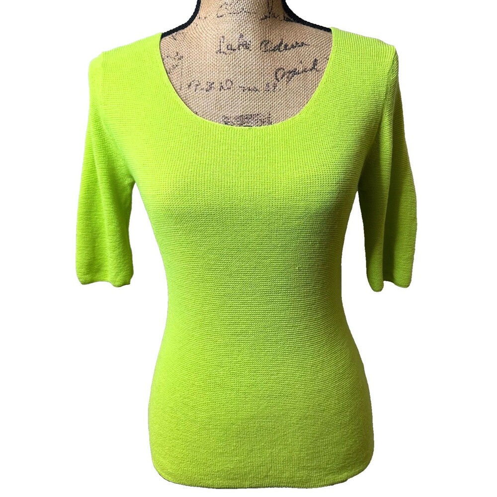 Elie Tahari Lime Green 100% Super Fine Merino Wool Scoop Neck Sweater Sz M